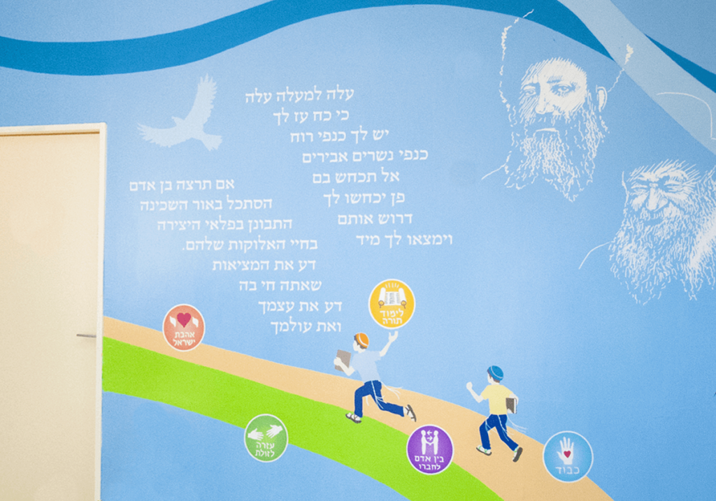 עיצוב בית ספר קיר כניסה ציטוט הרב קוק עלה למעלה עלה ממד נעם פסגת זאב